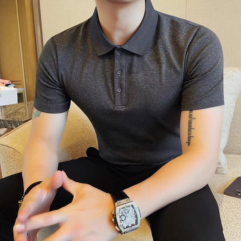 25夏季弹力短袖polo衫韩版高级感修身翻领T恤英伦型男紧身打底衫
