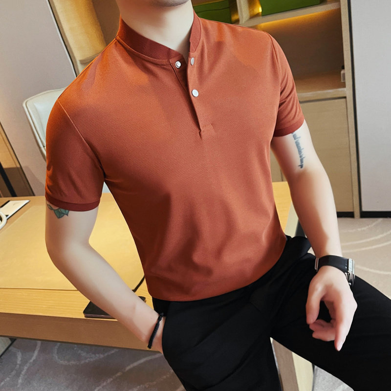 新中式立领短袖POLO衫夏季韩版修身男士时尚薄款纯色T恤休闲百搭