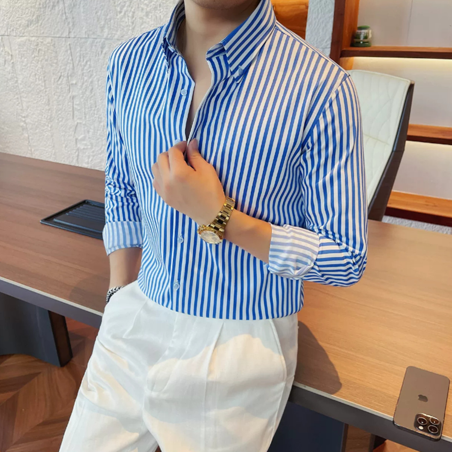 高级感蓝白条纹衬衫26秋季新款男士修身商务穿搭长袖衬衣休闲寸衫