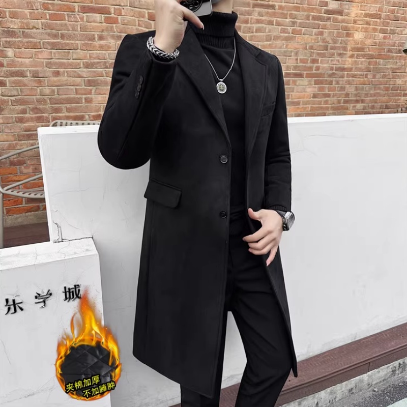 冬季新款高档中长款夹棉加厚风衣男士修身商务西装领防风大衣外套