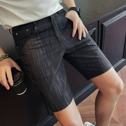 夏季薄款牛仔短裤英伦修身男士条纹休闲五分裤帅气百搭潮流中裤子