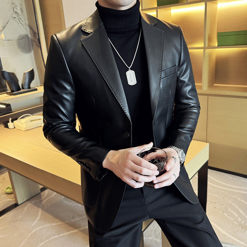 秋冬款男士小西装皮衣外套韩版修身商务潮流质感休闲西服痞帅礼服