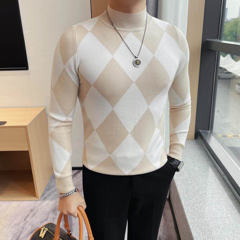 半高领长袖针织衫秋冬款帅气格子中领毛衣英伦修身男士弹力打底衫