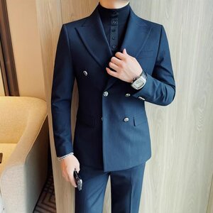 商务潮流双排扣西服套装英伦风修身新郎结婚西装时尚条纹正装礼服