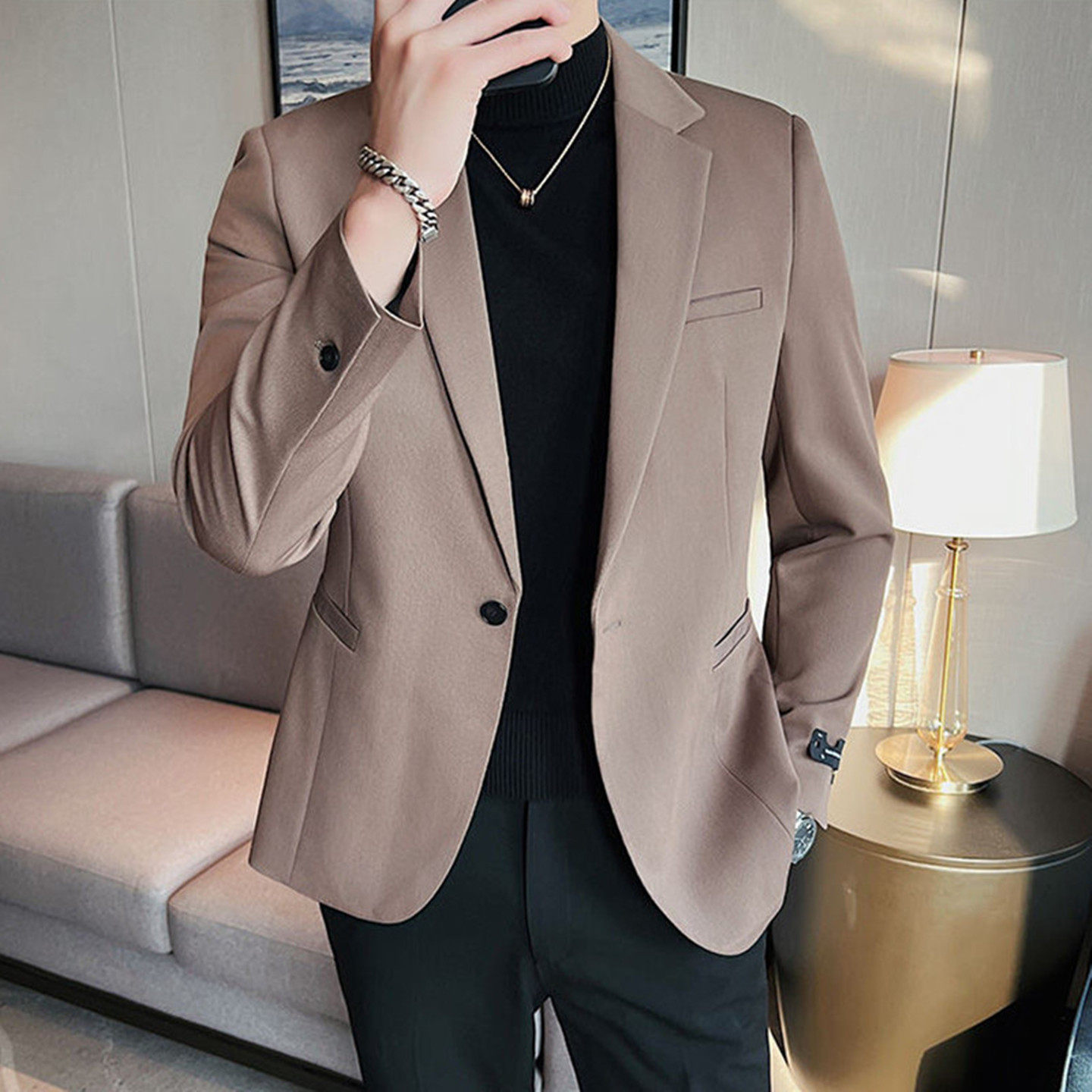 高级感斜纹男士单西装外套韩版修身商务通勤纯色西服时尚结婚礼服