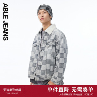 男士 西部牛仔棉服 潮流棋盘格牛仔外套秋冬棉衣棉服 JEANS ABLE