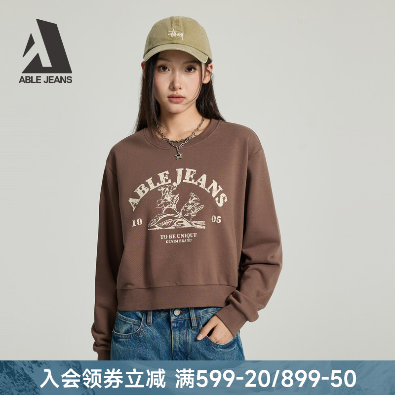 ABLE JEANS 2025冬新款女士短款卫衣美式复古字母印花圆领上衣