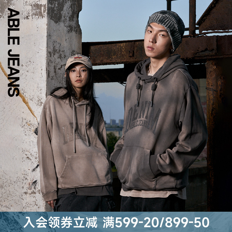 ABLE JEANS 男女同款美式复古渐变字母印花连帽套头卫衣 情侣款