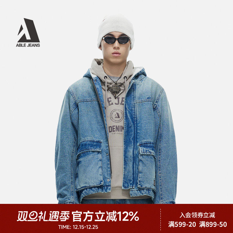 ABLE JEANS 冬季新款男士厚款防寒工装滑板连帽牛仔棉服棉