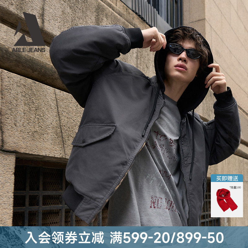 ABLE JEANS 2025冬季新款男士宽松连帽外套保暖防风飞行员棉服