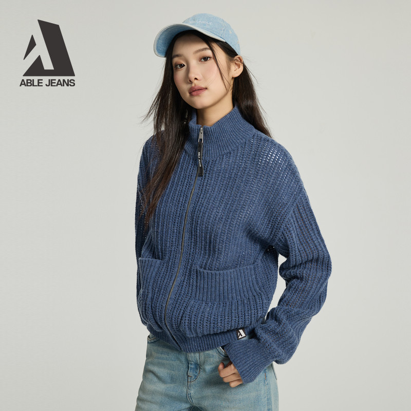 ABLE JEANS 2025冬季新款女士毛衣宽松短款立领拉链针织开衫外套,女装/女士精品,毛衣,淘宝优惠券,粉丝福利购,淘宝优惠卷