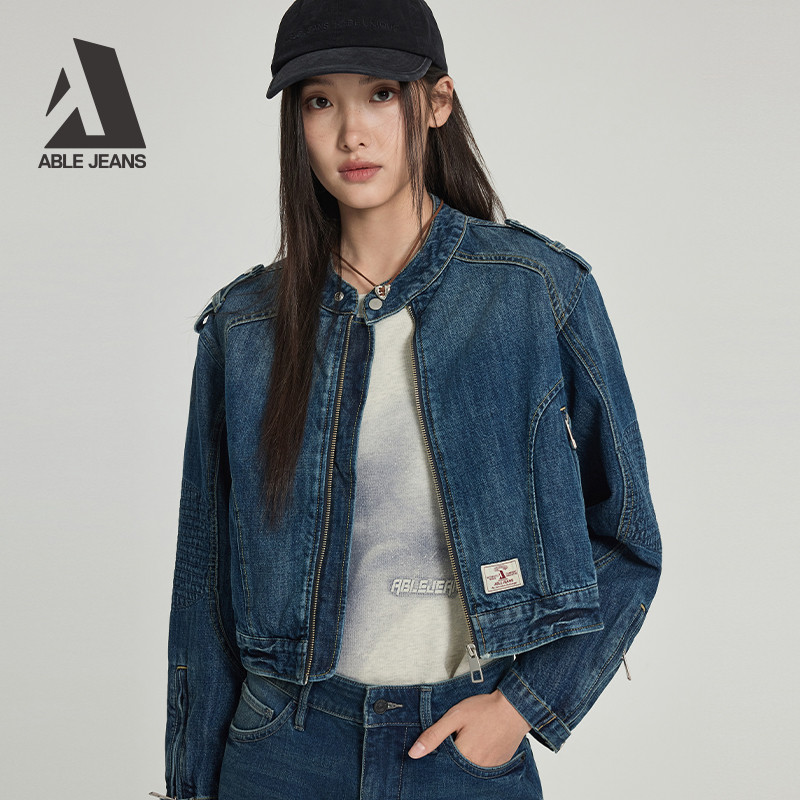 ABLE JEANS 2025秋冬女士摩登宽松洗水短款机车夹克牛仔外套,女装/女士精品,短外套,淘宝优惠券,粉丝福利购,淘宝优惠卷