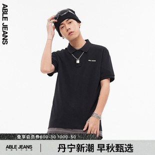 ABLE JEANS 男士 黑色纯棉字母LOGO印花休闲POLO衫
