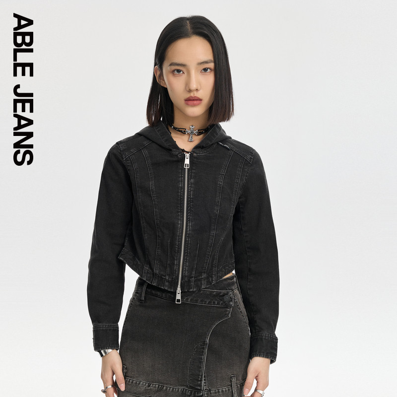 ABLE JEANS 秋冬款街头潮流女士水洗黑色连帽牛仔外套短款夹克,女装/女士精品,短外套,淘宝优惠券,粉丝福利购,淘宝优惠卷
