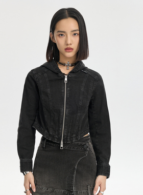 ABLE JEANS 秋冬款街头潮流女士水洗黑色连帽牛仔外套短款夹克