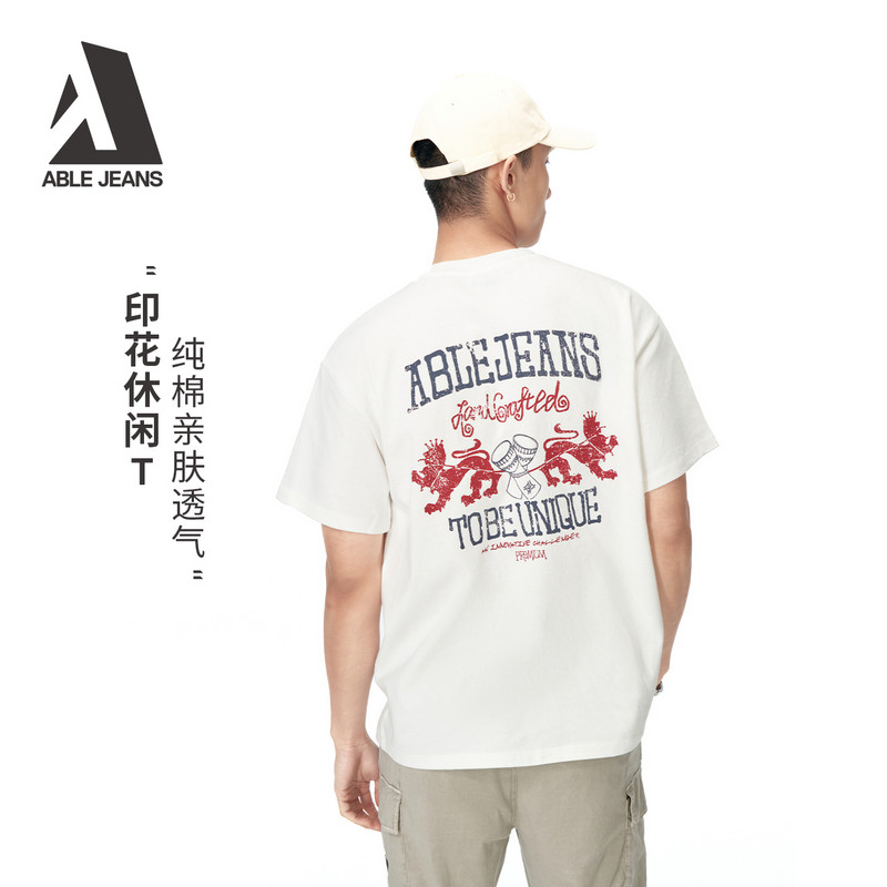 ABLE JEANS男士重磅短袖T恤纯棉透气柔软宽松印花休闲半袖