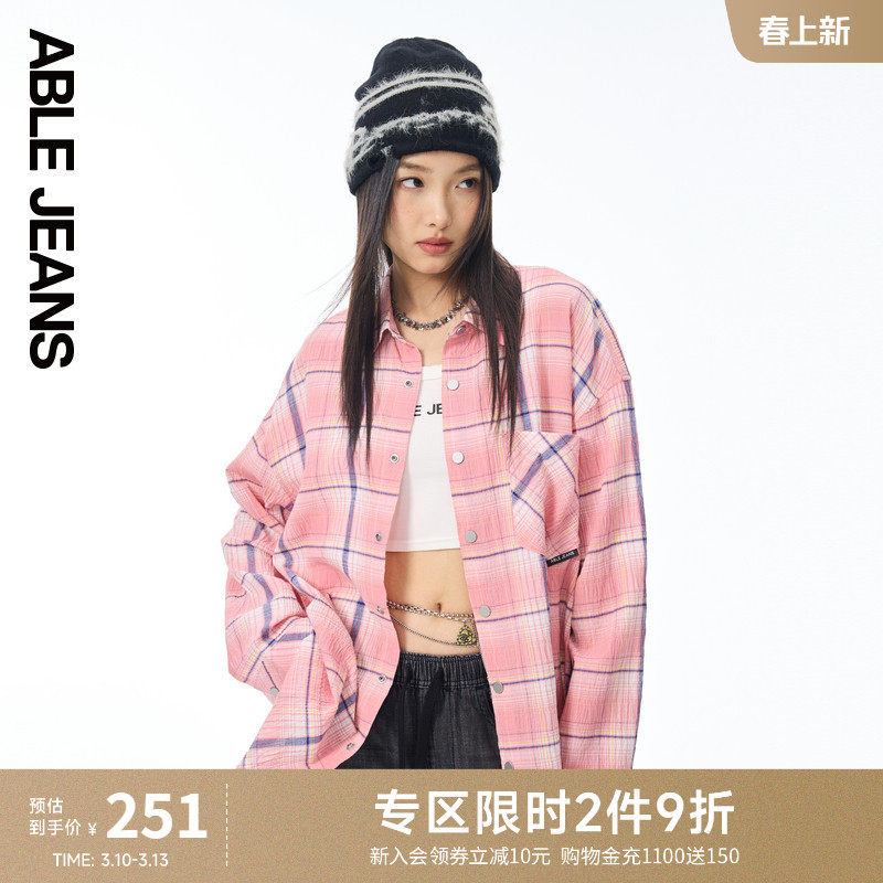 ABLE JEANS新款女士春夏轻薄格纹复古潮流街头休闲舒适logo衬衫