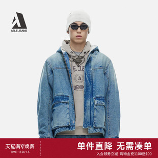 新款 冬季 男士 厚款 滑板连帽牛仔棉服棉衣外套 ABLE 防寒工装 JEANS