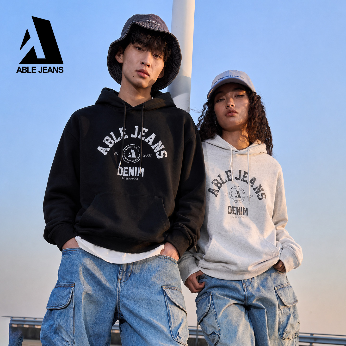 ABLE JEANS26新款男士秋冬连帽套头卫衣美式复古印花宽松百搭上衣