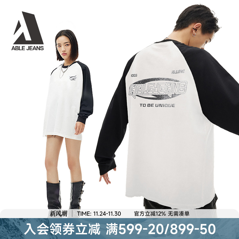 ABLE JEANS25秋男宽松插肩袖长袖LOGO印花T恤