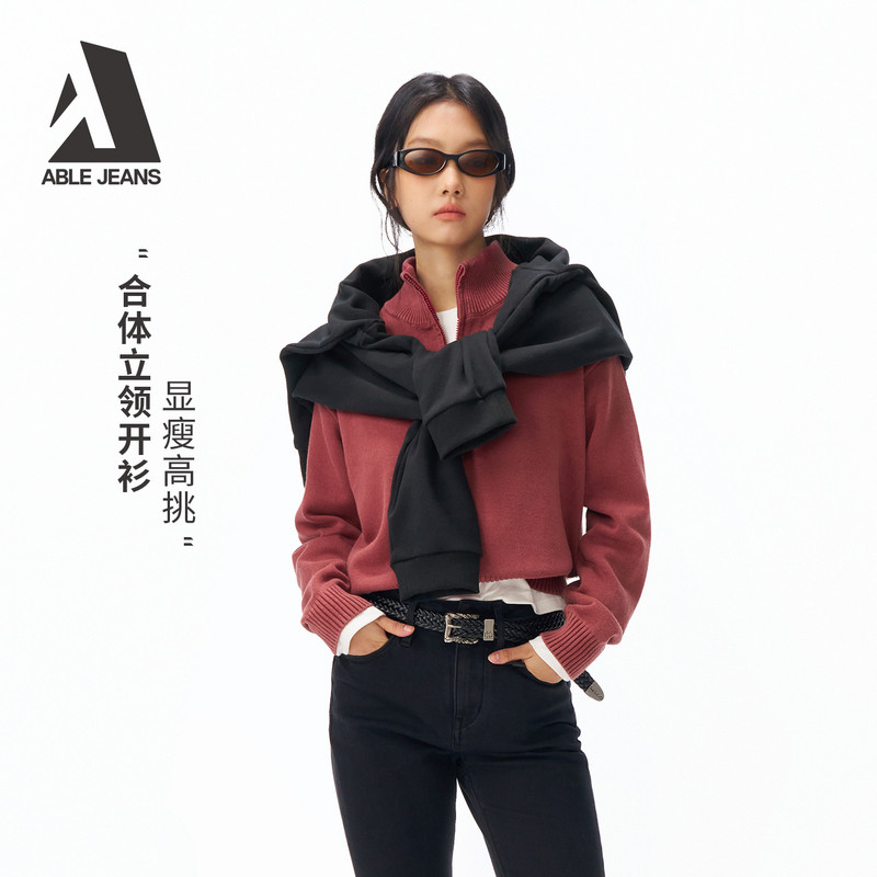 ABLE JEANS2026春季新品女士开衫毛衣针织衫复古短款立领拉链红色