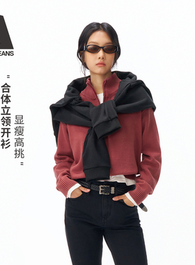 ABLE JEANS2026春季新品女士开衫毛衣针织衫复古短款立领拉链红色