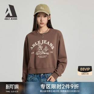 ABLE JEANS 春季新款女士短款卫衣美式复古字母印花圆领上衣