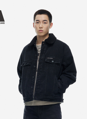 ABLE JEANS 2025冬季新款男士厚款牛仔外套黑色短款加绒棉衣棉服