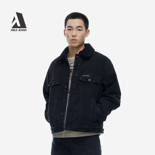ABLE JEANS 冬季新款男士厚款牛仔外套黑色短款加绒棉衣棉服