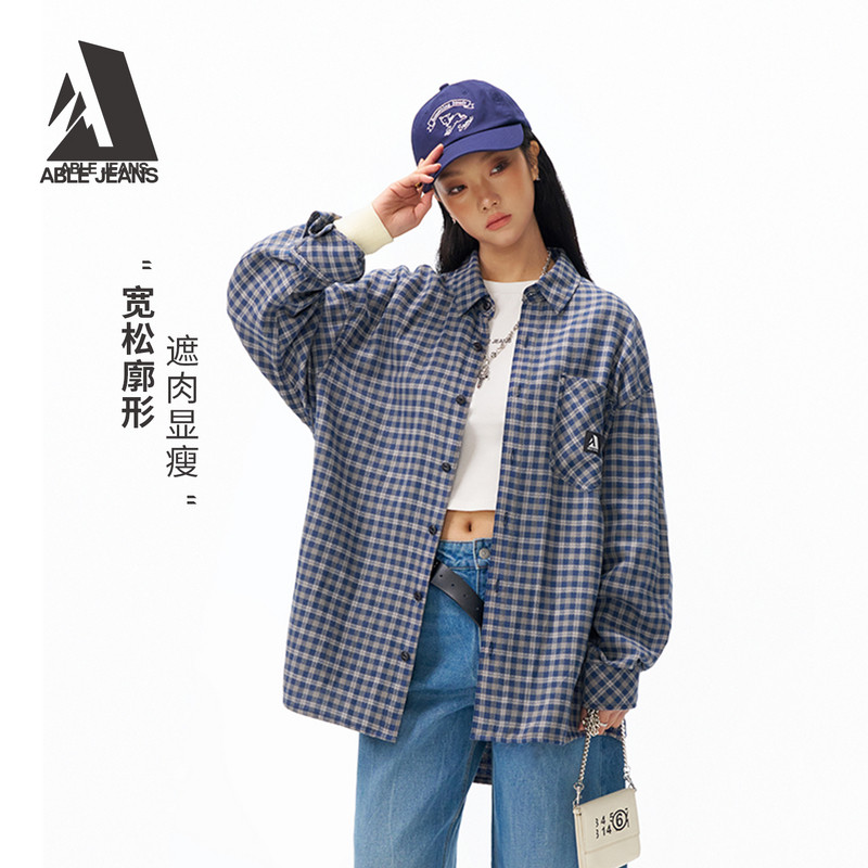 ABLE JEANS【街头大衬衫】春季新品情侣时尚蓝色内搭全棉格子衬衫