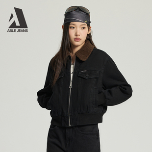 ABLE JEANS 冬季新款女士宽松短款棉服保暖仿羊羔绒牛仔外套