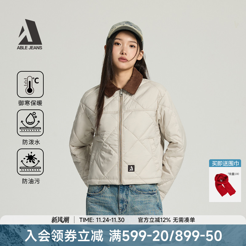 ABLE JEANS2025冬季新款女士宽松短款灯芯绒撞色菱格纹谷仓棉服