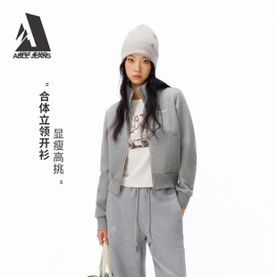 ABLE JEANS2026春新品女士复古休闲灰色短款立领卫衣开衫拉链