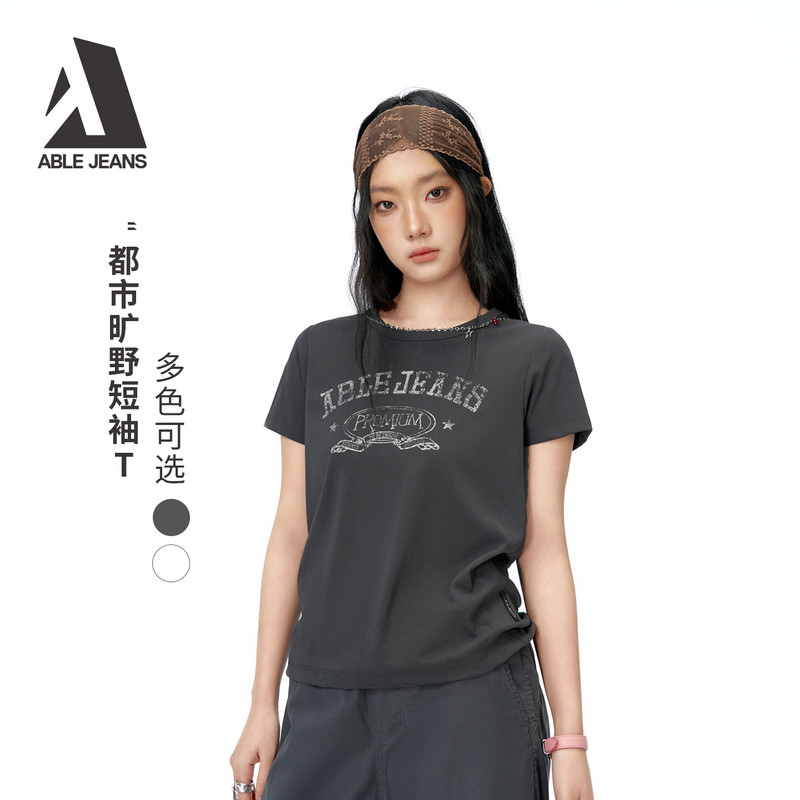 ABLE JEANS26夏季新款女士都市旷野印花简约弹力短袖圆领T恤
