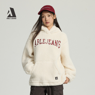ABLE JEANS25冬季新款女士字母宽松连帽复古加绒卫衣白色保暖男款