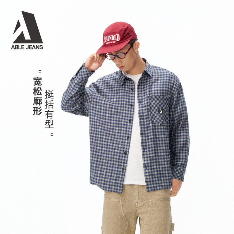 ABLE JEANS【街头大衬衫】男士秋冬格纹衬衫休闲宽松长袖外套