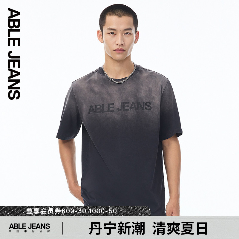 ABLE JEANS春季新款男士水洗渐变街头宽松圆领短袖T恤