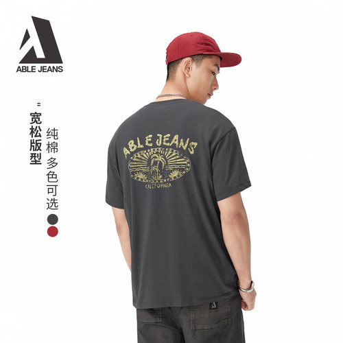 ABLE JEANS男士美式复古短袖全棉干爽舒适印花宽松百搭休闲T恤