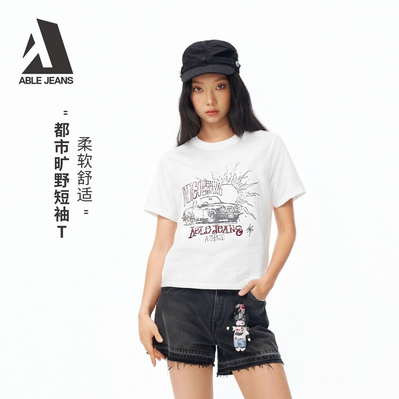 ABLE JEANS2026新款舒适全棉宽松短袖T恤女款春装时尚洗水印花T恤