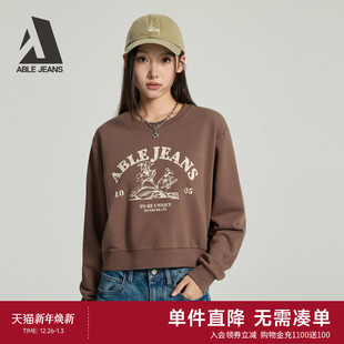 卫衣美式 ABLE 女士短款 2025冬新款 复古字母印花圆领上衣 JEANS