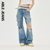 女士松弛感破洞宽松阔腿直筒牛仔裤 ABLE 夏季 新款 JEANS 拖地裤