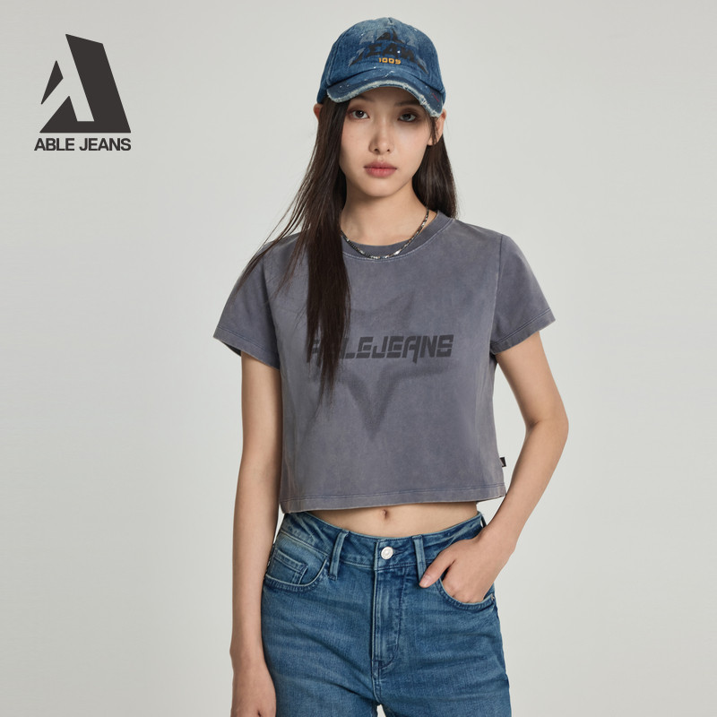 ABLE JEANS 春夏新款复古女士短款百搭显瘦水洗印花短袖T恤