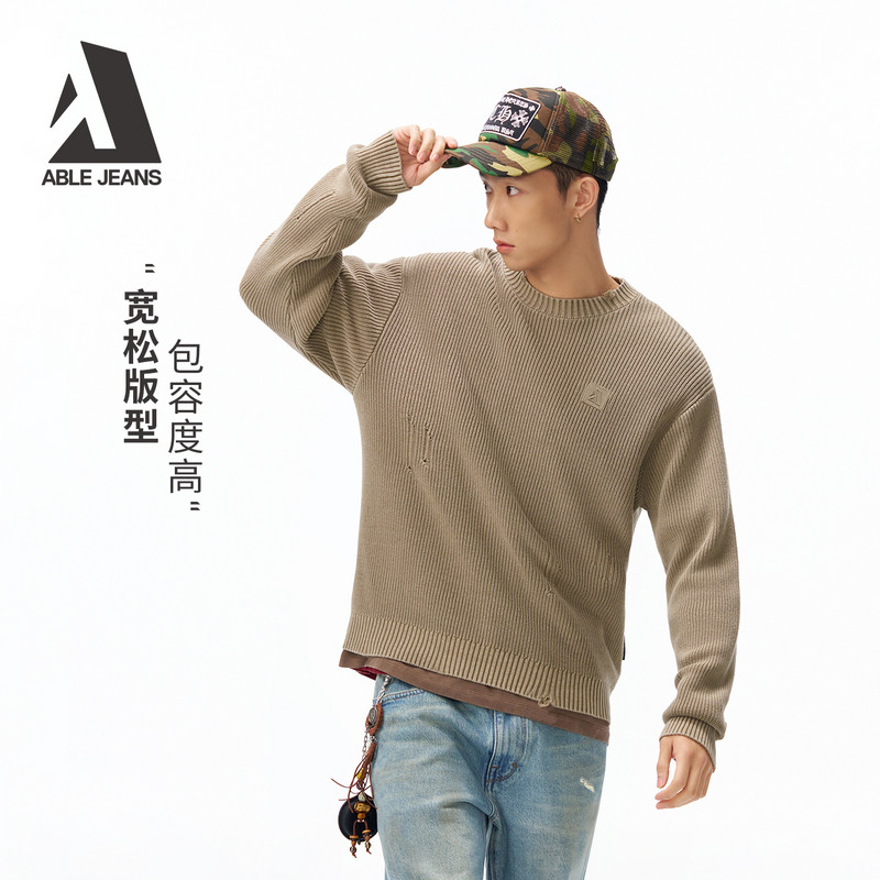 ABLE JEANS2026春季新品破损毛衣男士宽松经典百搭长袖针织衫休闲