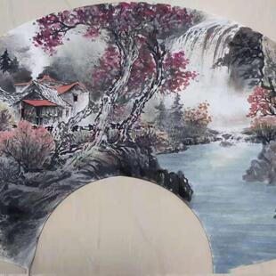 九牧墨轩字画国画纯手绘美协会员真迹扇形山水画名家书房装饰画