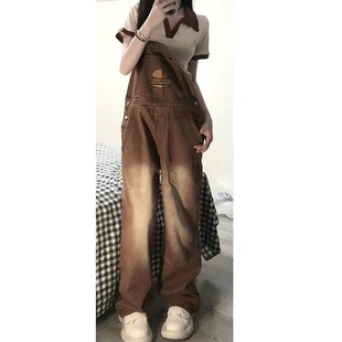 大码胖妹妹美式复古牛仔背带裤女春秋新款宽松显瘦直筒阔腿连体裤
