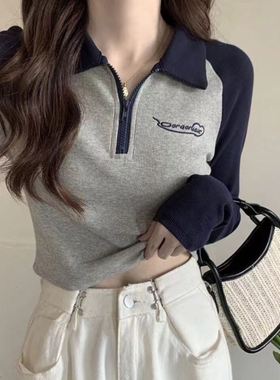 大码胖妹妹设计感正肩长袖t恤女春秋冬新款拉链polo领打底衫上衣