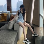 韩版 大码 胖妹妹牛仔背带短裤 2026夏季 女宽松显瘦复古吊带阔腿热裤