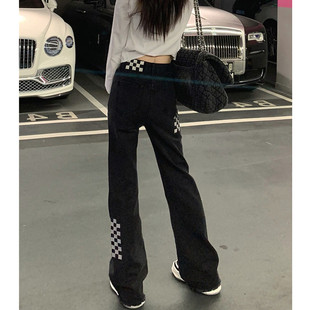 大码胖妹妹格子微喇叭牛仔裤女春秋新款梨形身材显瘦高腰阔腿长裤