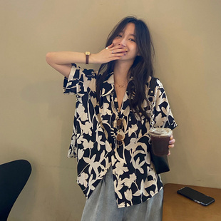 大码 设计感小众花朵宽松短袖 新款 女2026夏季 胖mm上衣百搭衬衣 衬衫