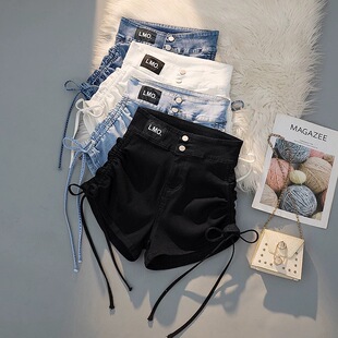 美式 高腰显瘦休闲A字热裤 复古绑带抽绳牛仔短裤 新款 子 女夏季 大码